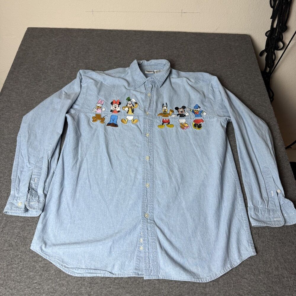 Vintage Disney Catalog Denim Shirt Mens Medium Blue Embroidered Mickey Friends M